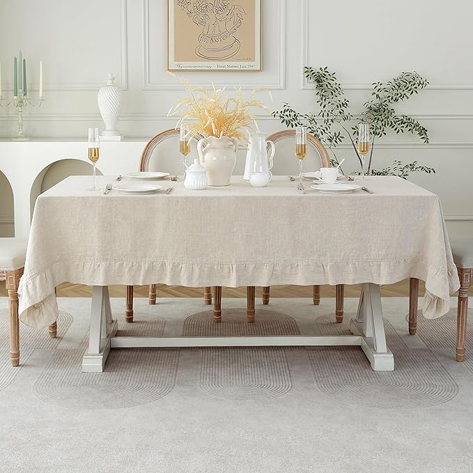 Linen World Ruffle Linen Tablecloth, 100% French Linen Natural Tablecloth 120" x 60" Inch, Washable Rectangular Tablecloth for Dining, Outdoor, Weddings and Restaurants, Decorative Valentine Easter
