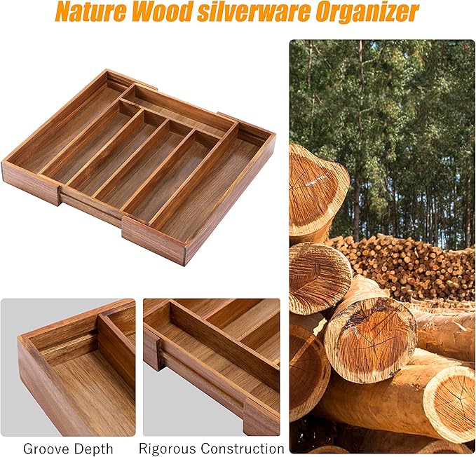 Bellsal Acacia Silverware Organizer Kitchen Drawer Organizer Expandable Bamboo Utensil Holder Cutlery Tray for Kitchen Utensil and Flatware Bedroom Office