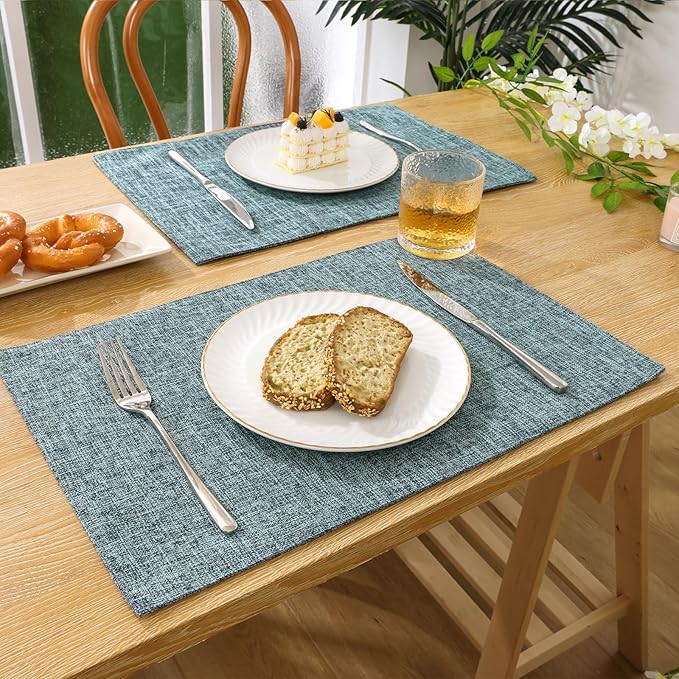 SHACOS Washable Fabric Placemats Set of 4 Heat Resistant Double Layer Cloth Table Mats Non Slip Farmhouse Place Mats, Blue Grey