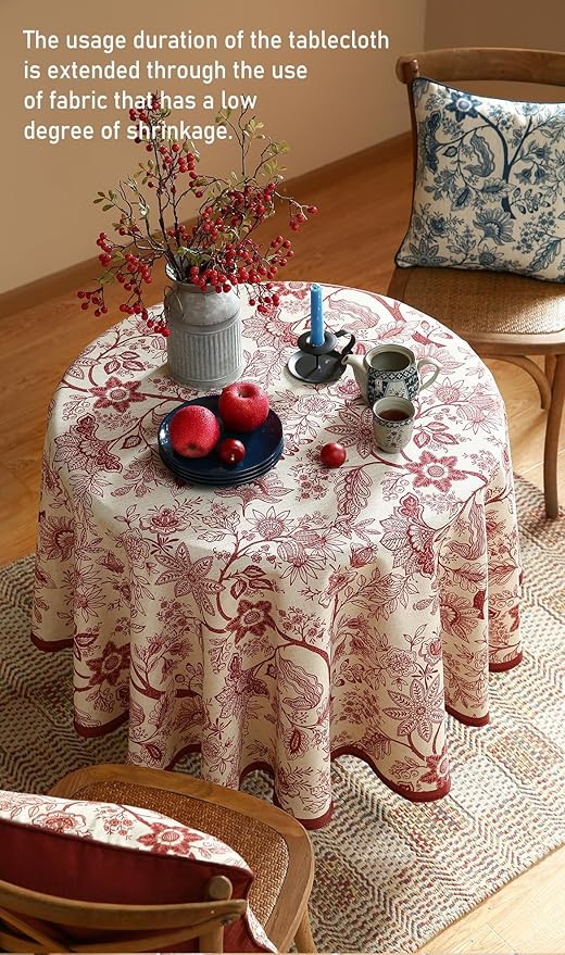 French Tablecloth for Round Tables,Linen Table Cloth with Red Flowers Pattern,Heavy Durable Table Cover for Dining Thanksgiving Kitchen Decor Party Christmas,Diameter 67"