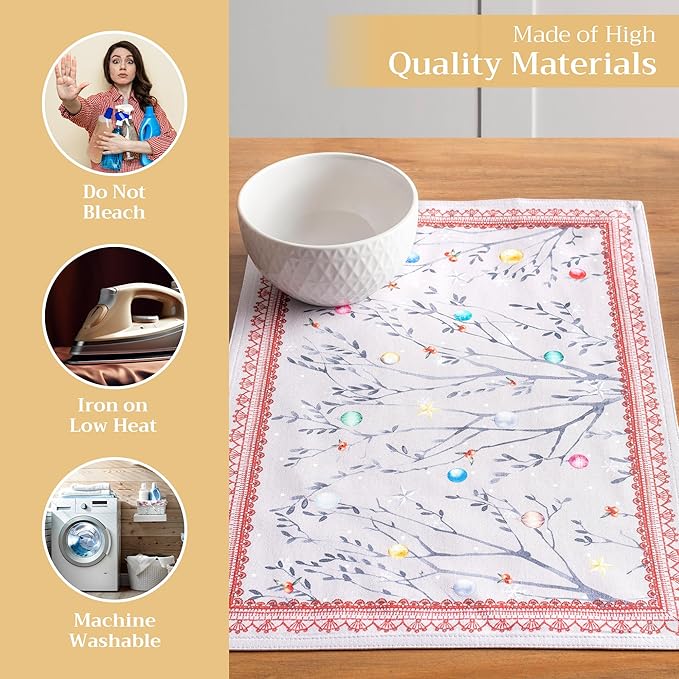 Maison d' Hermine Placemats Set of 4 100% Cotton Washable Cloth Place Mats, Reusable Table Mats for Thanksgiving Christmas Decorations Kitchen Dining Party Wedding (Fairy Christmas, 13" x 19")