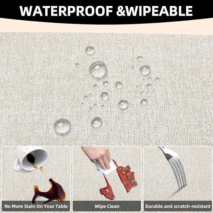 Vinyl Placemats Set of 6-12×17.7 Inch Waterproof & Heattable Placemats, Fall Faux Leather Wipeable Outdoor Table Mat for Dining, Kitchen, Indoor Outdoor Use (Beige, Wood Grain)