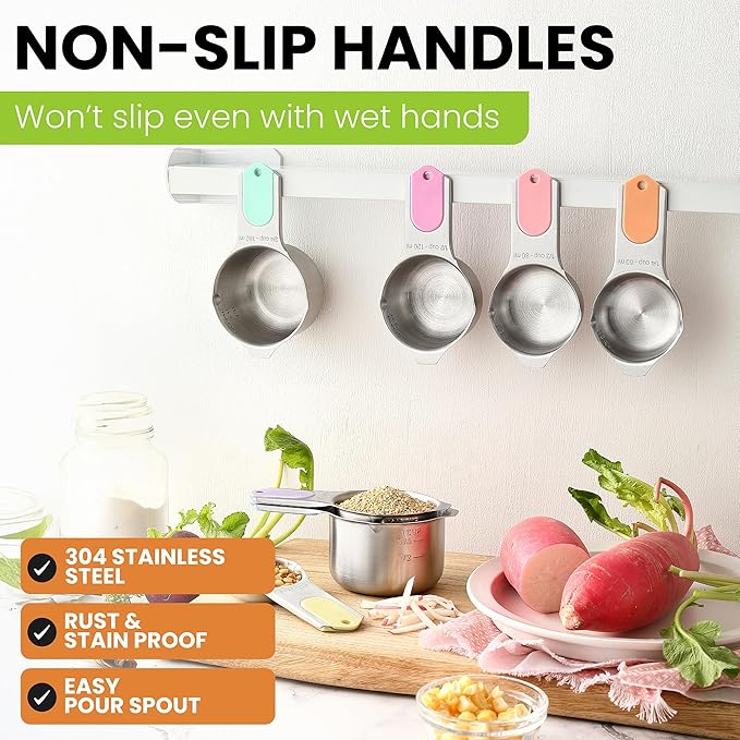 Spring Chef Magnetic Stainless Steel Measuring Cups, Patented, Kitchen Tools with Easy to Read Markings for Measuring Dry or Liquid Ingredients, Set of 7, Pastel