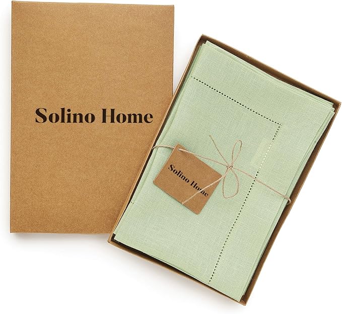 Solino Home Linen Cloth Napkins Set of 6-100% Pure Linen Sage Green Dinner Napkins 20 x 20 Inch for Autumn, Thanksgiving, Christmas, Winter - Classic Hemstitch, Handcrafted and Machine Washable