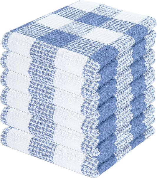 PurpleEssences 100% Cotton Waffle Weave Check Plaid Kitchen Towels, Super Soft and Absorbent Dish Towels for Drying Dishes 15 x 25-6 Pack - Spring Summer - Smoky Grey and White