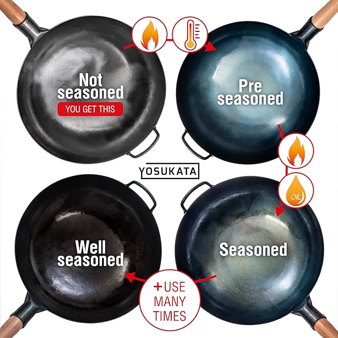 YOSUKATA 14” Round Bottom Carbon Steel Woks and Stir Fry Pans – Unseasoned Pow Wok for Stir Fry, BBQ & Camping – Hand-Hammered Traditional Japanese and Chinese Pan – Gas Stove, Open Fire Only