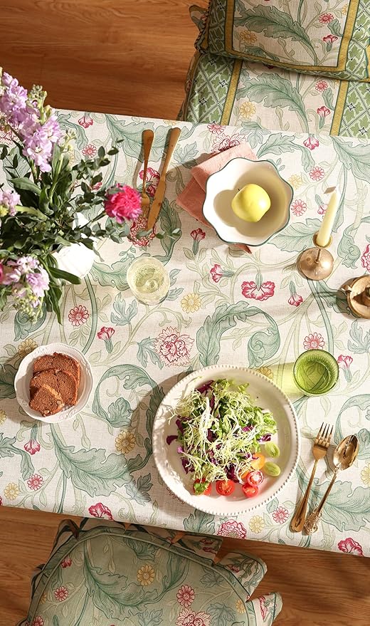 patdrea Designer Green Tablecloth for Rectangle Tables,Vintage Linen with Leaves and Flowers Pattern Tablecloths,Farmhouse Floral Table Cover Cloth Decor for Kitchen Dining Christmas,63"*102"