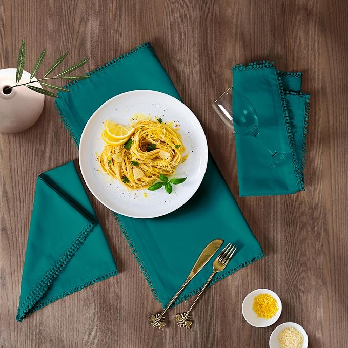 Bedding Craft Cotton Cloth Dinner Napkins Set of 12 – 18x18 Funfare with Decorative Lace Selvedge – Elegant Machine Washable Fabric Napkins for Weddings, Baby Showers, Parties & Dining