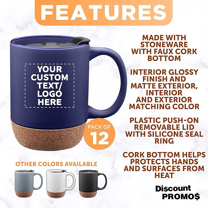 Custom Barista Ceramic Mugs with Cork Bottom 13 oz. Set of 12, Personalized Bulk Pack - Perfect for Coffee, Tea, Espresso, Hot Cocoa, Other Beverages - Blue