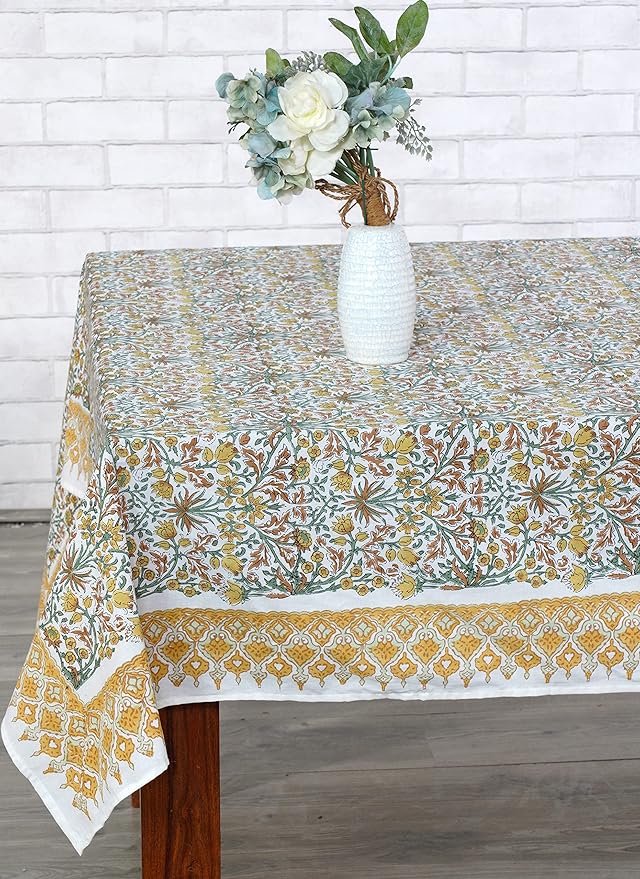 Ridhi - Hand Block Print Cotton Cloth Dinning Table Cover Wedding Farmhouse Thanks Giving Christmas Spring Tablecloth (Goldenrod Yellow, 14 Seater 72X160 INCH)