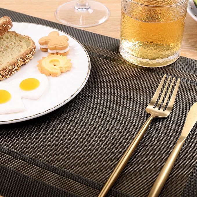 SHACOS Woven Vinyl Placemats Set of 4 Wipe Clean Place Mats for Dining Table Heat Resistant PVC Weave Table Mats Indoor Outdoor (4, Frame Black Gold)