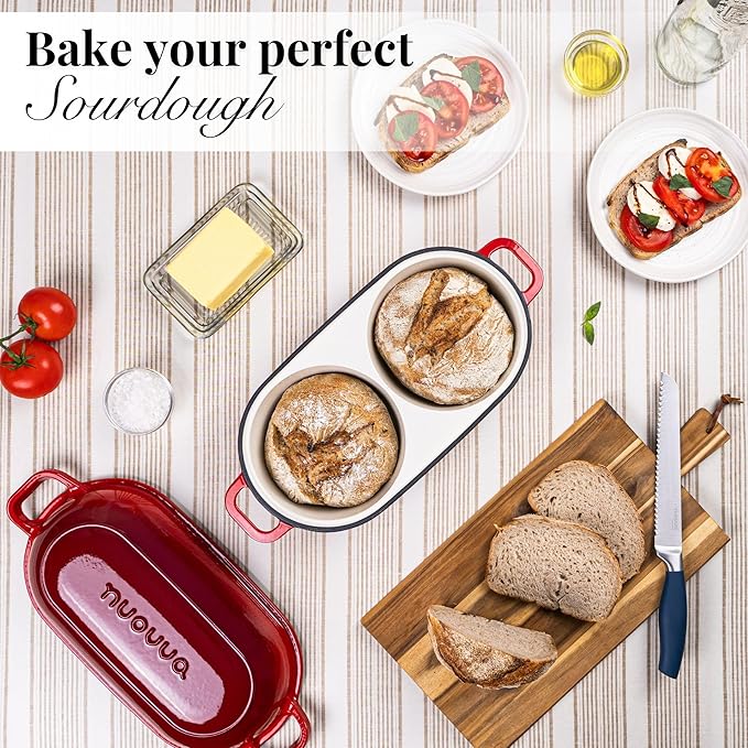 Dutch Oven For Sourdough Bread Baking – Enamelled Cast Iron Bread Loaf Pot – 500°F Oven Safe Non Stick Bread Pot – Double Round Loaf Space, 16.5cm Diameter, Red, – by Nuovva