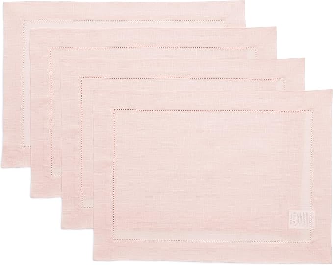 Solino Home Linen Placemats Set of 4 - Classic Hemstitch Pink Placemats 14 x 19 Inch - 100% Pure Linen Table Mats