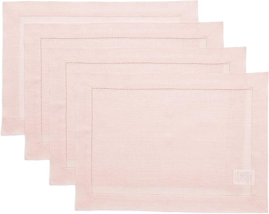 Solino Home Linen Placemats Set of 4 - Classic Hemstitch Pink Placemats 14 x 19 Inch - 100% Pure Linen Table Mats