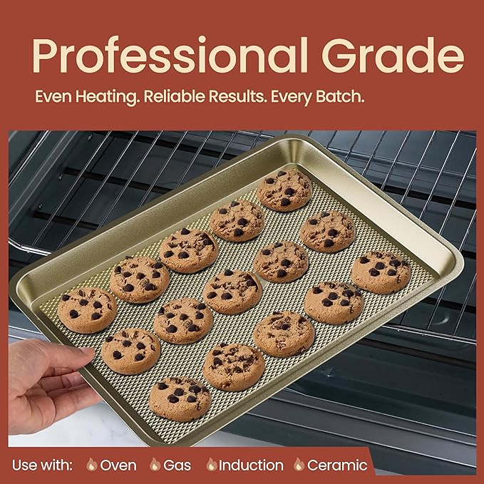 Diamond Bottom Cookie Sheet Set of 2, Nonstick Gold Carbon Steel Baking Pans for Crisp Baking, Space-Saving Stackable Trays, PFOA, PFOS, PTFE Free, Oven Safe Up to 450°F, Small & Medium Pans