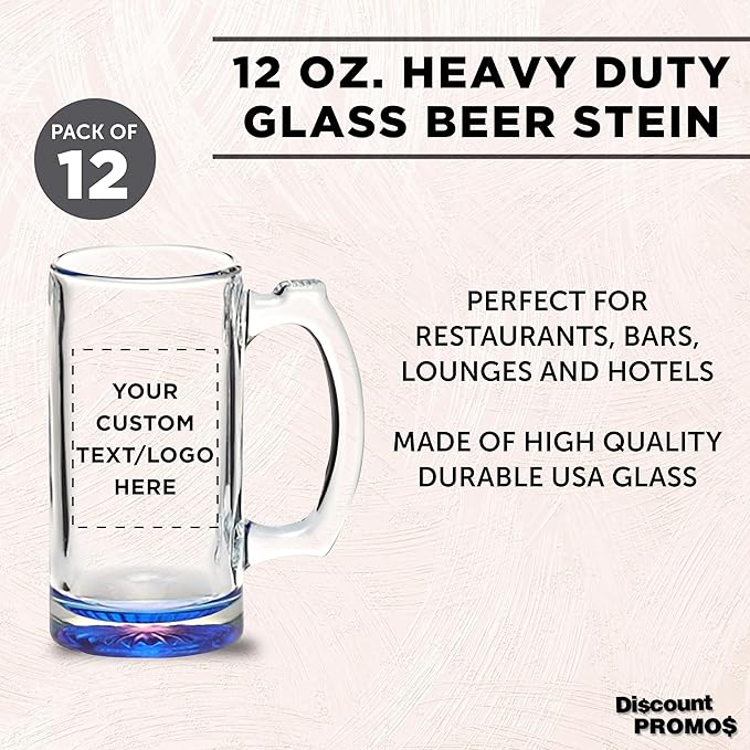 12 Libbey Beer Mugs Set, 12 oz. - Customizable Text, Logo - Groomsmen Glassware - Blue