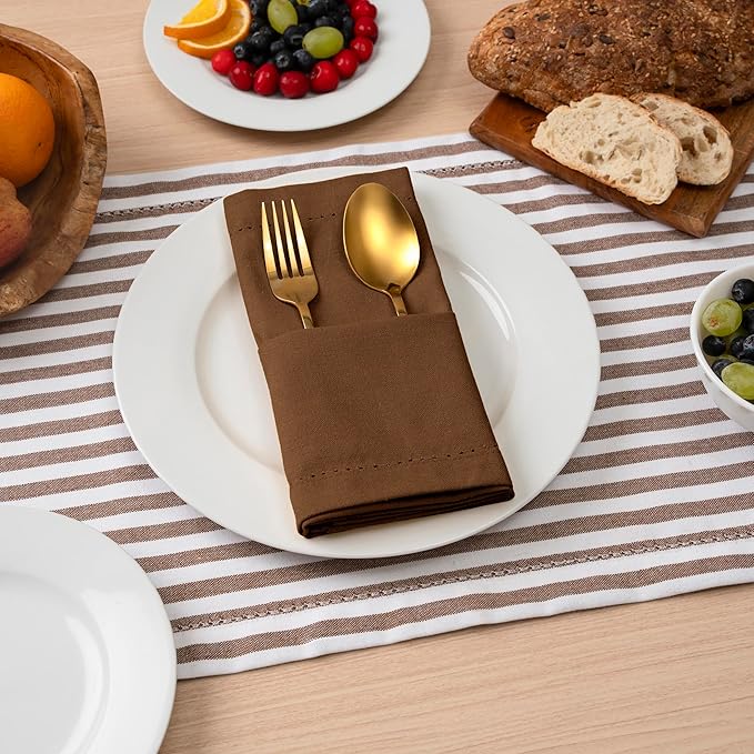 Blue Needles Set of 12 Hemstitch Linen Napkins 100% Cotton Nut Brown Cloth Dinner Napkins 18x18 inches, Soft, Reusable, Absorbent, Washable, Ideal for Fall Thanksgiving Events, Parties & Everyday Use