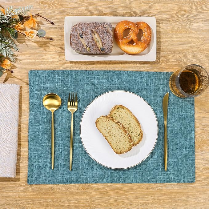 SHACOS Fabric Placemats Set of 4 Non Slip Machine Washable Heat Resistant Cloth Table Mats Soft Polyester Place Mats for Kitchen Dining Table, Dark Teal