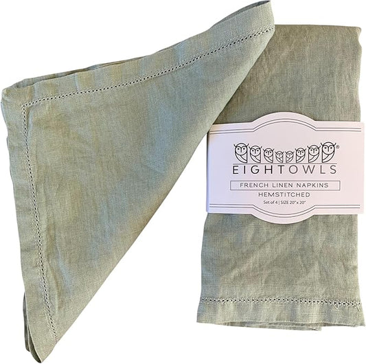 Hemstitched Linen Napkins – 20 Inch x 20 Inch – Stonewashed Pure Linen Cloth Dinner Napkins with Mitered Corners - 100% French Flax – Machine Washable - Set of 4 (Soft Sage Green)