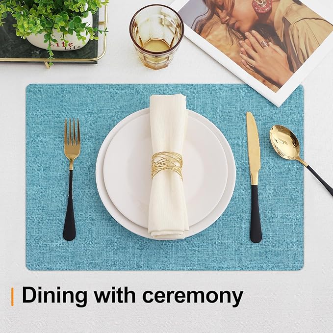 Homaxy Cloths Placemats for Dining Table Set of 6, Heat Resistant Washable Cotton Linen Blend Table Mats, Easy to Clean Place Mats for Indoor Outdoor Party Kitchen Decoration, 13" x 19", Aqua
