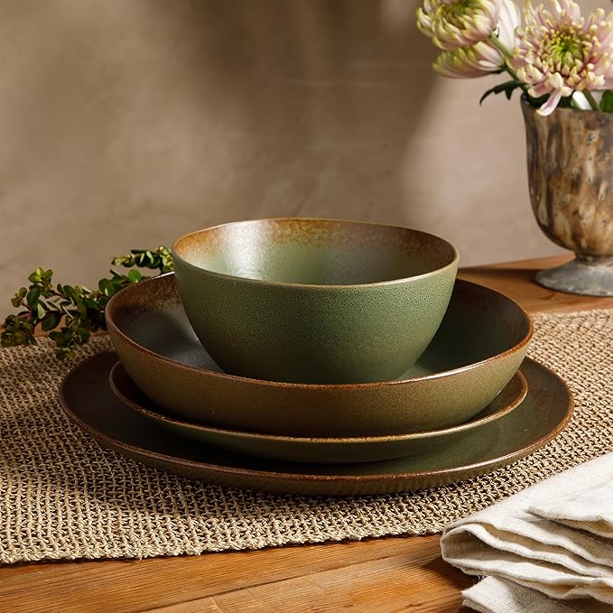Bloomhouse Palermo Sun Double Bowl Stoneware Reactive Glaze Plates and Bowls Dinnerware Set - Cardamom Green, Service for Four (16pcs)