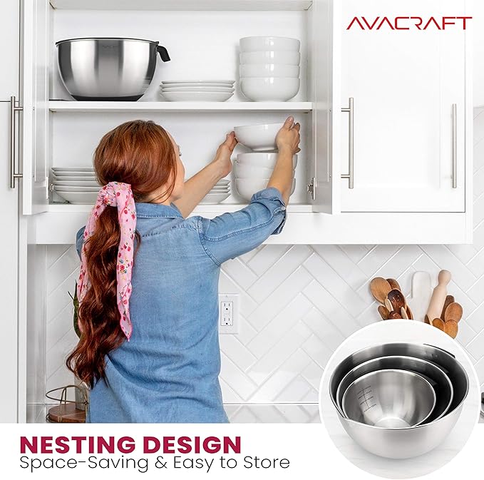 AVACRAFT 18/10 Stainless Steel Mixing Bowls with Lids, non slip silicone base bowls with Handle, Mixing Bowl Set with Pour Spouts & Measurement Marks, Home Essentials Cooking Bowls, (Black)