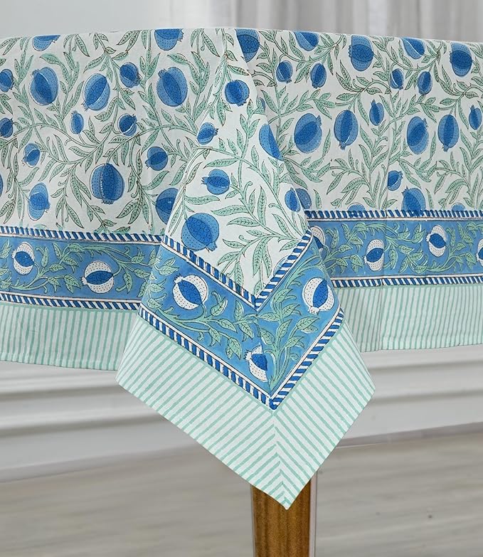 Ridhi Queen Blue Hand Block Print Cotton Rectangle Tablecloth 118 x 70 inches Reusable Table Cover Decorative Everyday Use for Dining Room, Farmhouse, Home, Party, Festive & Wedding, Fall