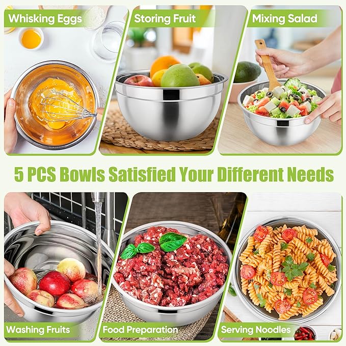 P&P CHEF Mixing Bowls with Airtight Lids Set of 5, 10-Piece Stainless Steel Mixing Nesting Bowl, Metal Bowl with Lid for Kitchen Prepping & Storing, Size 4.6, 3, 1.5, 1, 0.7 QT, Red