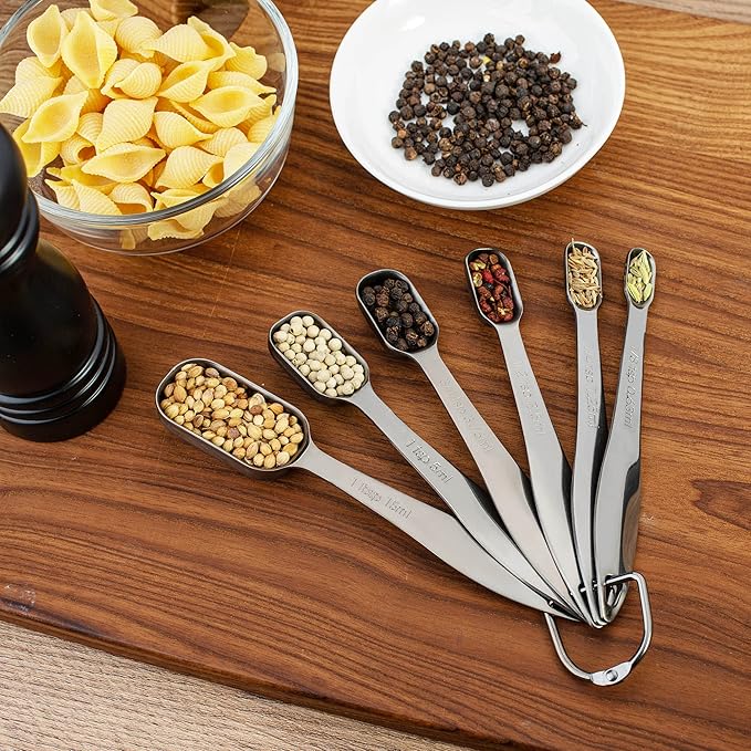 Accurate 18/8 Stainless Steel Measuring Spoons, Heavy Duty Good Handle Set of 6 Measuring Spoon with Ring Connector, Dark Grey