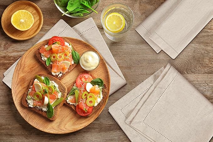 Natural Color Blend Cotton Linen Napkins Set of 12 - Hemstitched 18x18 Inch Decorative Elegant Soft Washable Reusable Flax Dinner Napkin for Dining Table Décor Weddings Party Christmas & Everyday Use