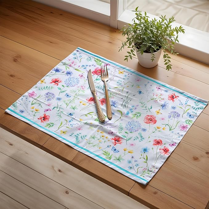 Maison d' Hermine Placemats Set of 4 100% Cotton Washable Cloth Place Mats, Reusable Table Mats for Kitchen Dining Decoration, Party, Wedding, Restaurant Spring/Summer (Just Floral, 13" x 19")