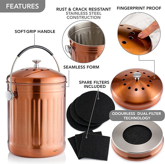 RED FACTOR Premium Compost Bin for Kitchen Countertop - Stainless Steel Food Waste Bucket with Innovative Dual Filter Technology - Includes Spare Filters (Matt Copper, 1.3 Gallon)