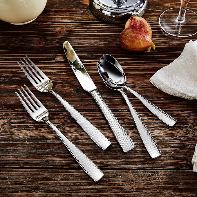 KEAWELL Premium 20/45/65 Piece Louis Hammered Silverware Set with Squared Edge, 18/10 Stainless Steel, Service for 4/8/12, Fine Flatware Set, Dishwasher Safe (65)