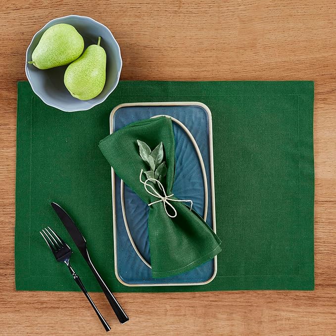 Solino Home Linen Cloth Placemats Set of 4 - 100% Pure Linen Pine Green Placemats 14 x 19 Inch for Fall, Autumn, Thanksgiving, Christmas - Fete