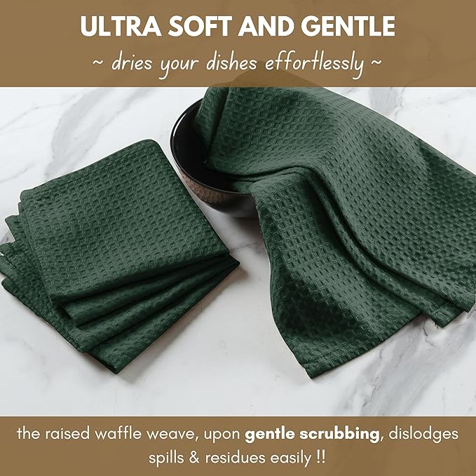 Native Fab 6 Pack Waffle Dish Cloths - 100% Cotton, Absorbent, Quick Drying & Soft Towels for Cleaning, Cooking & Baking - Ideal for Home, Restaurants & Cafes - 12x12 Inches - Olive Green