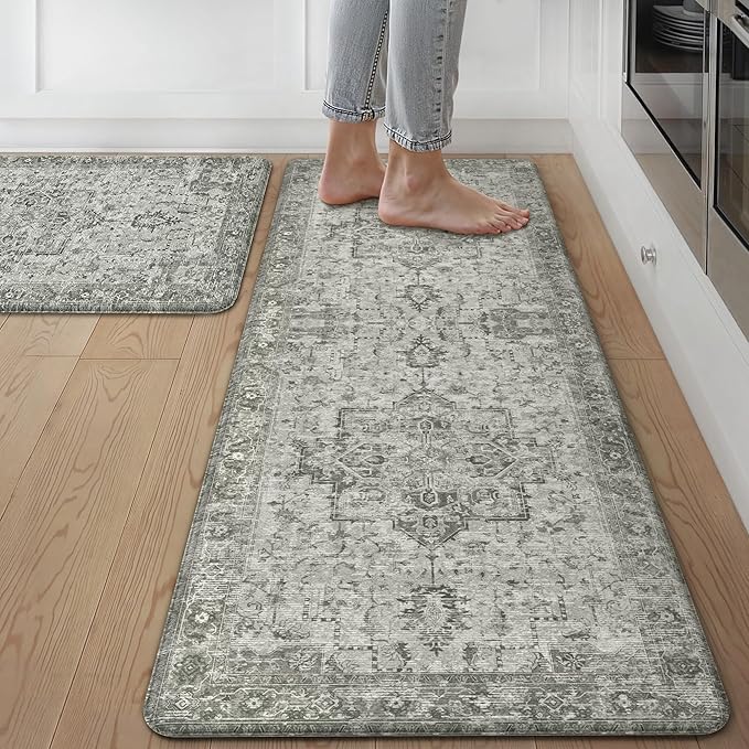 GENIMO Kitchen Mats for Floor 2PCs, Washable Anti Fatigue Mat for Cushioned, 17.3"x47"+17.3"x30", Waterproof Kitchen Rugs, Non Slip Standing Mat Rug for Home, Runner, Sink, Laundry, Vintage Grey