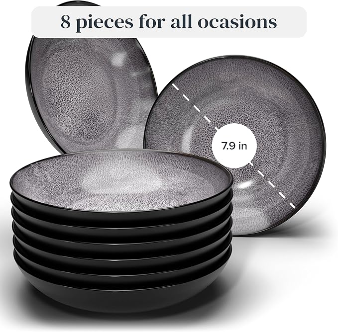 Stoneware Pasta Bowls Set of 8, Stylish dark gray Plates Ceramic, 7.7" Salad Bowl Set, Dishwasher and Microwave Safe Ceramic Bowl Plates, Salad Bowls, Large Soup Bowls…