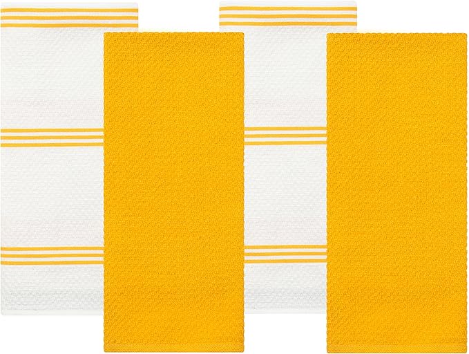 Sticky Toffee Cotton Kitchen Towels Set of 4 – Yellow and White Dish Towels 28x16 in, Reusable and Absorbent Tea Towels for Cleaning or Drying, Oeko-Tex Cotton