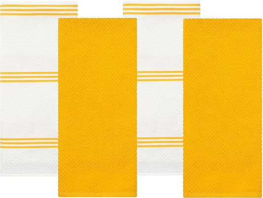 Sticky Toffee Cotton Kitchen Towels Set of 4 – Yellow and White Dish Towels 28x16 in, Reusable and Absorbent Tea Towels for Cleaning or Drying, Oeko-Tex Cotton