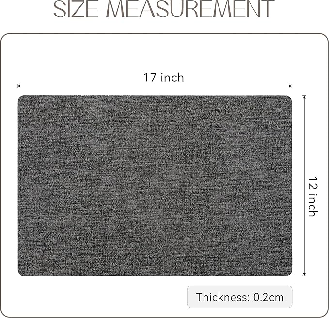 Romanstile Vinyl Placemats Set of 6-12 X 18 Inch - Heat Resistant Place Mats 100% Waterproof Oilproof Wipeable Reversible Faux Leather Table Mats for Kitchen/Dining/Party/Holiday, Dark Grey