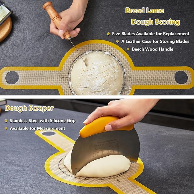 Sourdough Bread Baking Set, 10 Inch Oval & 9 Inch Round Banneton Bread Proofing Baskets with Linen Liner, Silicone Bread Sling, Danish Dough Whisk, Dough Scraper Kit, Silicone Brush & Spatula