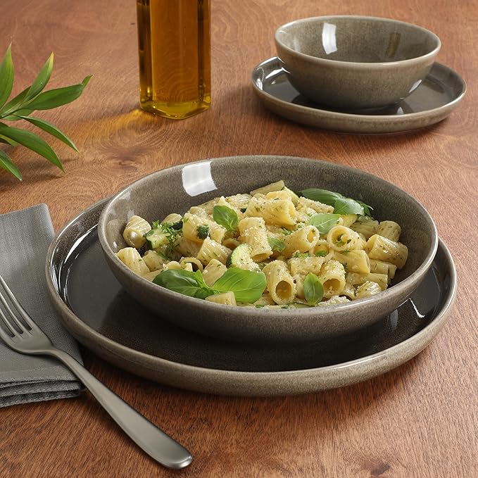 Gibson Elite Berea 16 Piece (Service for 4) Plates and Bowls Reactive Glaze Round Dishes Stoneware Ceramic Dinnerware Set -Taupe