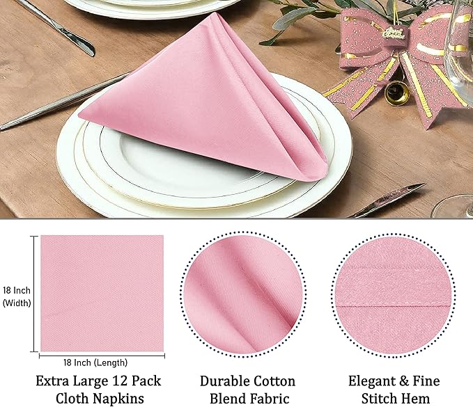 Ruvanti Cloth Napkins Set of 12, 18x18 Inches Napkins Cloth Washable, Soft, Durable, Absorbent, Cotton Blend. Table Dinner Napkins Cloth for Hotel, Christmas, Dinner, Parties - Pink