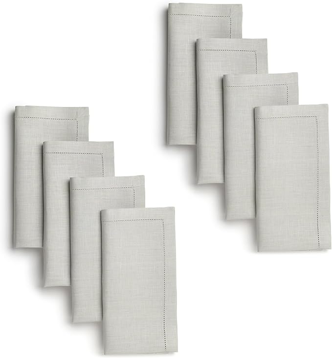 D'Moksha Homes Silver Grey Linen Napkins Set of 8 - Classic Hemstitch 100% Pure Linen Dinner Napkins Cloth 20 x 20 Inch for Fall, Thanksgiving, Holiday - Handcrafted and Machine Washable