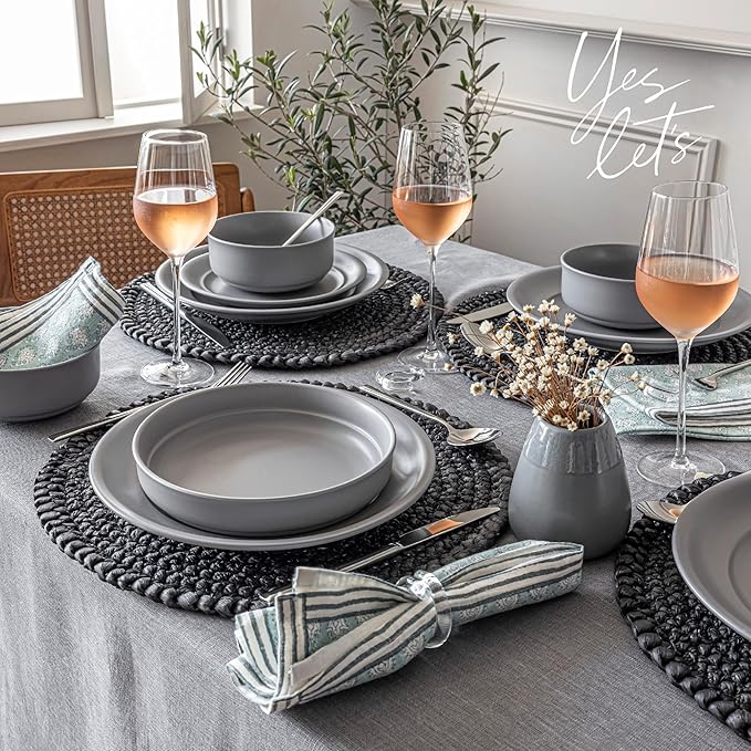 over&back Rim Dinnerware Set - Stoneware Dishes - Comes with 4 Dinner Plates, Salad Plates, Cereal Bowls, and Dinner Bowls - 16-Piece All-Occasion Place Settings - Serves Four - Semi-Matte Charcoal