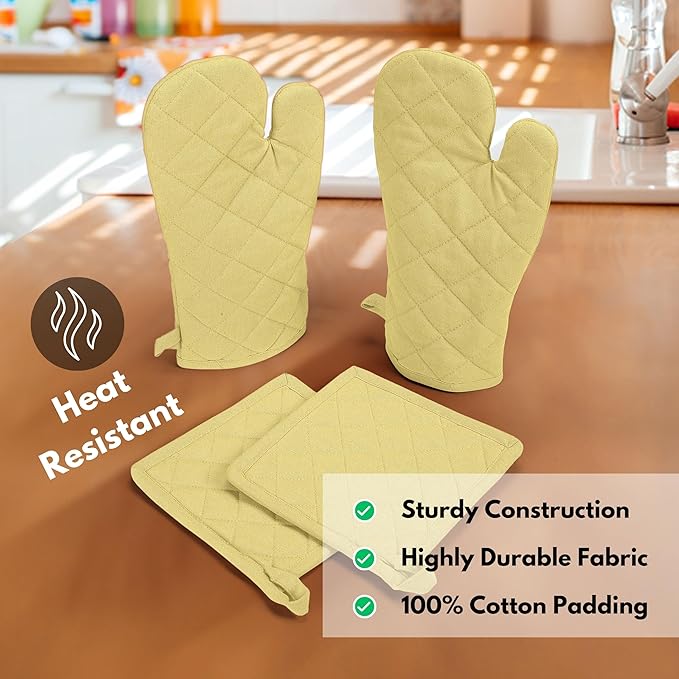 Native Fab 4 Piece Set - 2 Oven Mitts & 2 Potholders, Heat Resistant, 100% Cotton, Quilted Design, Non-Slip Grip, Machine Washable, Ideal for Baking, Cooking, BBQ, Kitchen Protection - Pale Yellow