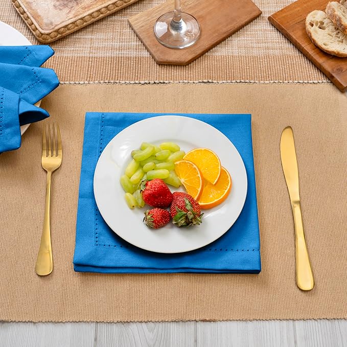 Blue Needles Set of 12 Hemstitch Linen Napkins 100% Cotton Royal Blue Cloth Dinner Napkins 18x18 inches, Soft, Reusable, Absorbent, Washable, Ideal for Fall Thanksgiving Events, Parties & Everyday Use