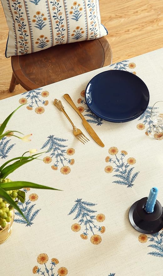 French Tablecloth for Square Tables,Linen Table Cloth with Yellow Flowers and Leavs Pattern,Heavy Durable Table Cover for Dining Thanksgiving Kitchen Decor Party Christmas,55"*55"