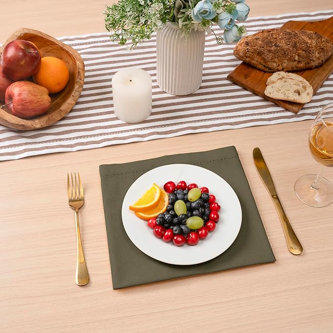 Blue Needles Set of 12 Hemstitch Linen Napkins 100% Cotton Olive Green Cloth Dinner Napkins 18x18 inches, Soft, Reusable, Absorbent, Washable Ideal for Fall Thanksgiving Events, Parties & Everyday Use