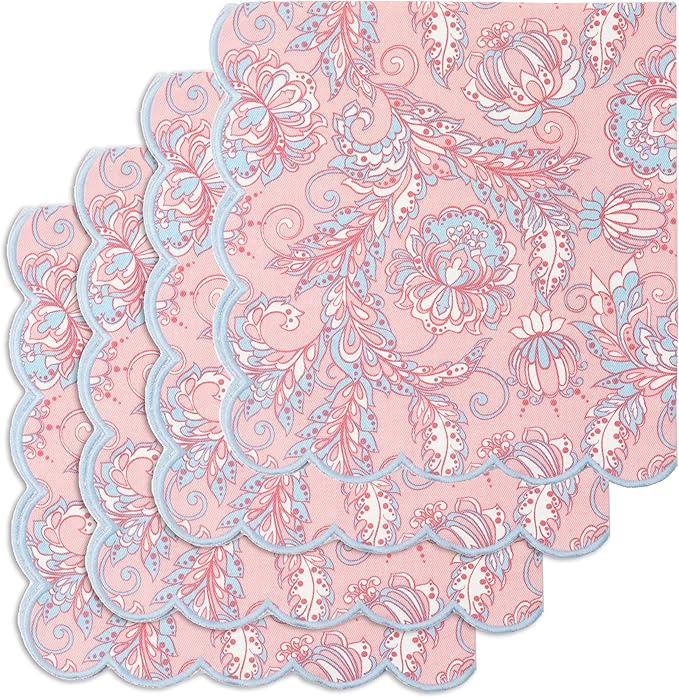 PurpleEssences Scalloped Embroidery Kalamkari Cloth Napkins Christmas Holiday Winter Table Decor 100% Cotton Set of 4-18 x 18 inch - Blush Pink Edges Light Blue